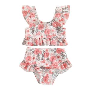Little Fashionistas Bikiniset voor babymeisjes, vest met bloemen-/stierenkopprint, vliegmouwen en elastische tailleslip, zwempak voor zomerstrand