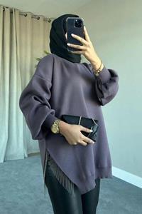 FORREST FASHION Lange hijab-sweater met ronde hals, ketting en gedetailleerde split voor dames