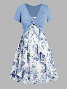 Dresslily Plus Size Set Flower Butterfly Print Ruffle A Line Midi Dress And Heather Twisted Cropped Top Set