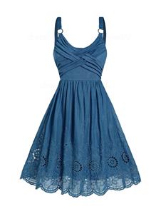 Dresslily Hollow Out Flower Embroidery A Line Dress Scalloped Hem Crossover O Ring Strap Sleeveless Dress