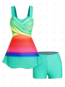 Dresslily Colorful Rainbow Print Tankini Swimsuit Crossover Padded Tankini Two Piece Swimwear Boyleg Bathing Suit
