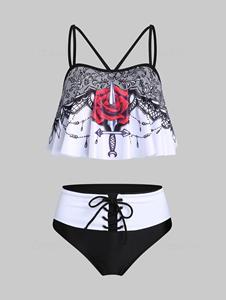 Dresslily Dagger Rose Print Colorblock Padded Tankini Swimsuit