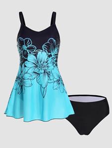 Dresslily Flower Print Tummy Control Tankini Swimsuit Padded Adjustable Straps Tankini Two Piece Swimwear Bathing Suit