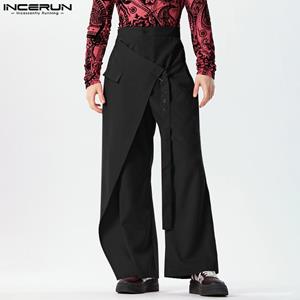 INCERUN Men Zipper High Waist Solid Color Bandage Patchwork Trousers