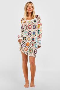 Boohoo Gehaakte Cover Up Strand Jurk Met Patches, Cream