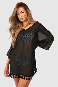 Boohoo Tassel Hem Cover-Up Beach Dress, Black