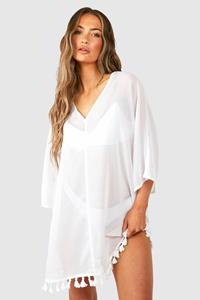Boohoo Tassel Hem Cover-Up Beach Dress, White