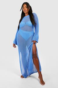 Boohoo Plus Crochet Cover-Up Beach Maxi Dress, Blue