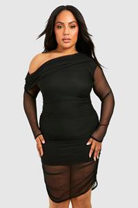 Boohoo Plus One Shoulder Ruched Mesh Long Sleeve Mini Dress, Black