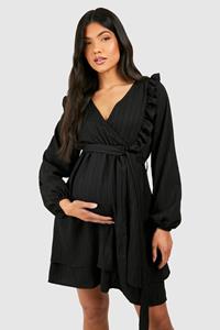 Boohoo Maternity Textured V Neck Belted Skater Dress, Black