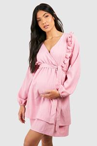 Boohoo Maternity Textured V Neck Belted Skater Dress, Blush