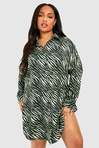 Boohoo Plus Zebra Printed Shirt Dress, Green