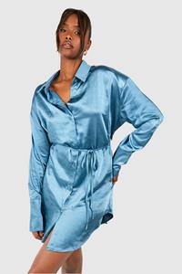 Boohoo Satin Cinched Waist Shoulder Pad Shirt Dress, Blue