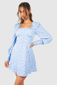 Boohoo Ditsy Corset Milkmaid Mini Dress, Blue