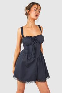 Boohoo Cotton Strappy Milkmaid Mini Dress, Navy