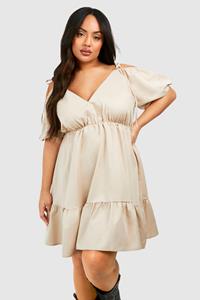 Boohoo Plus Woven Tiered Skater Dress, Stone