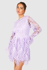 Boohoo High Neck Flared Sleeve Lace Skater Dress, Lilac