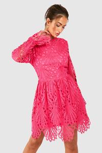 Boohoo High Neck Flared Sleeve Lace Skater Dress, Hot Pink