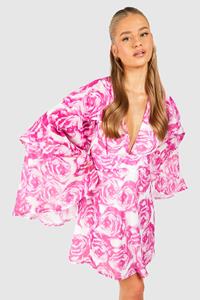 Boohoo Floral Chiffon Layered Frill Sleeve Skater Dress, Pink