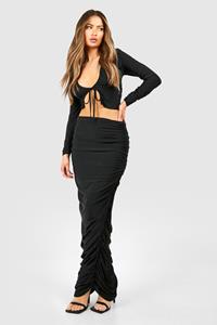 Boohoo Slinky Tie Front Ruched Long Sleeve Top & Midi Skirt, Black