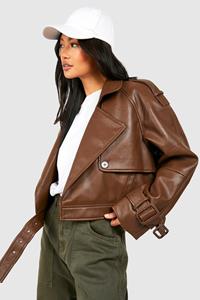 Boohoo Cropped Faxu Leather Biker Trench Coat, Chocolate