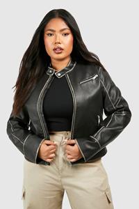 Boohoo Plus Fitted Moto Vintage Look Faux Leather Jacket, Black