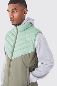 Boohoo Tall Man Colour Block Quilted Funnel Neck Gilet, Khaki