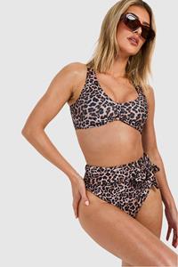 Boohoo Tummy Control Leopard Tie Bikini Set, Brown