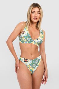 Boohoo Tile Print Padded Plunge Bikini Set, Green