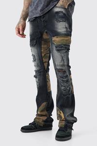 Boohoo Tall Slim Rigid Flare Camo Repair Cargo Jeans, Washed Black