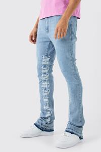 Boohoo Skinny Stretch Stacked Distressed Embroidered Gusset Jeans, Ice Blue