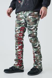 Boohoo Skinny Stretch Stacked Camo Embroidered Gusset Jeans, Khaki