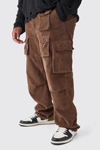 Boohoo Plus Fixed Waist Cord Relaxed Leg Cargo Trouser, Brown