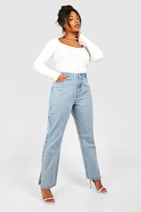 Boohoo Plus Basics Split Hem Straight Leg Jeans, Light Blue