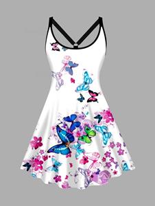 Dresslily Plus Size Butterfly Print Tank Dress A Line Casual Mini Dress
