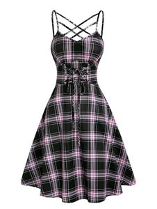 Dresslily Plaid Print Casual A Line Mini Dress Lace Up Lattice Strap Empire Waist Summer Dress