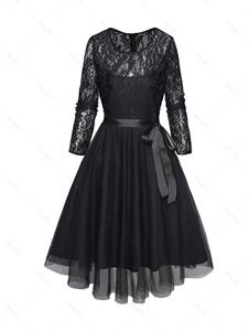 Dresslily Printed Lace Panel Party Dress Mesh Overlay Belted Plain Color Long Sleeve A Line Midi Dress