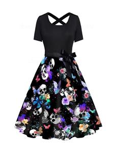 Dresslily Colorful Flower Butterfly Skull Print Short Sleeve Combo Dress Belted Cross High Waist A Line Dress