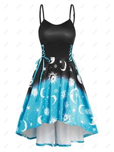 Dresslily Celestial Sun Moon Star Ombre Print High Low A Line Dress Lace Up Adjustable Strap Cami Dress