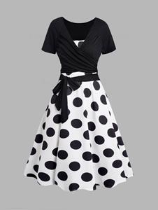 Dresslily Polka Dots Print Sleeveless A Line Midi Dress And Crossover Bowknot Tied Plain Cropped Top Set