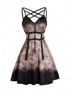 Dresslily Tie Dye Print Grommet Lattice Dress Half Zipper Sleeveless A Line Mini Dress