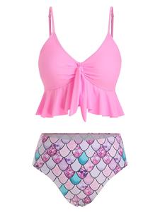 Dresslily Beach Tankini Swimsuit Mermaid Scale Print Swimwear Flounce Knot High Waist Tummy Control Bathing Suit