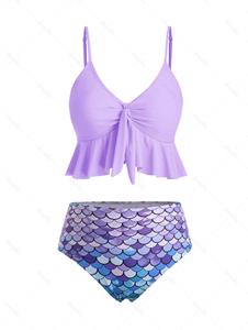 Dresslily Beach Tankini Swimsuit Mermaid Scale Print Swimwear Flounce Knot High Waist Tummy Control Bathing Suit