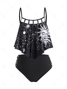 Dresslily Gothic Tankini Swimwear Astrology Sun Star Moon Print Swimsuit Flounce Lattice Beach Bathing Suit