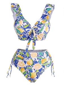 Dresslily Vacation Swimsuit Lemon Floral Leaf Print Bowknot Ruffle Cinched Tankini Swimwear Set