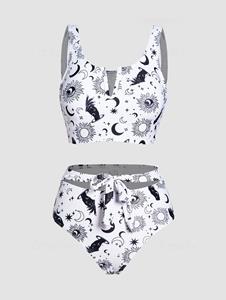Dresslily Allover Celestial Sun Moon Star Print Tankini Swimsuit Notched Padded Bowknot Bathing Suit