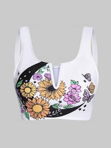Dresslily Moon Flower Print Tankini Swimsuit Top Padded V Notched Strap Padded Swimwear Top
