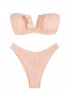 Zaful Textured Lace Up Cheeky Bandeau Bikini Swimwear