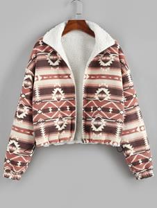 Zaful Reversible Fleece Faux Sherpa Ethnic Tribal Aztec Print Teddy Jacket