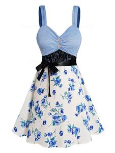 Dresslily Plus Size Dress Colorblock Flower Print Ruched Lace Panel Empire Waist Belted A Line Mini Dress